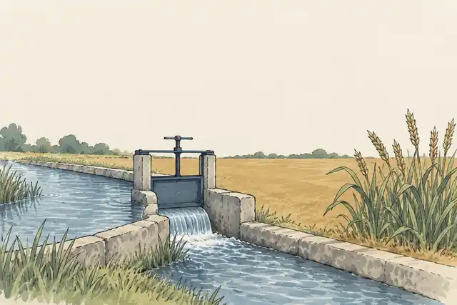 Illustration of an irrigation sluice beside a shallow water channel and a small wheat field.