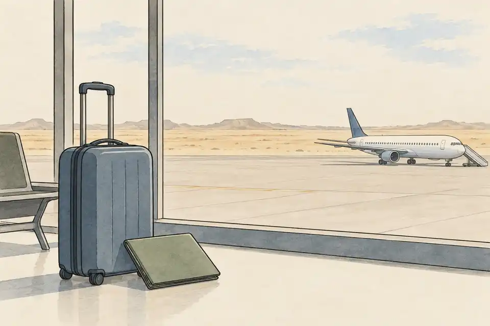 Illustration of a suitcase and document folder beside an airport window overlooking a passenger aircraft and bare desert.
