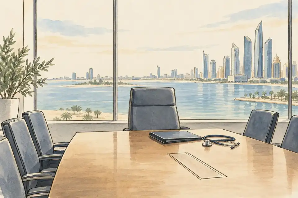 Illustration of an empty chair at the head of a boardroom table with a folder and stethoscope, in front of a window onto a Gulf skyline.