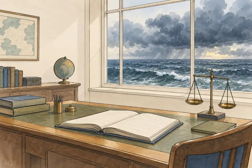 Illustration of a ledger and a balance scale on a desk with a distant storm visible through a window.