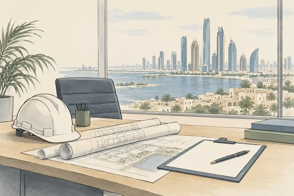 Illustration of a desk with a hard hat, site plans and a clipboard in front of a window showing a Gulf city skyline.