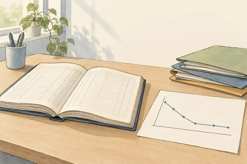 Illustration of an open ledger and a line chart on a desk beside a stack of folders.