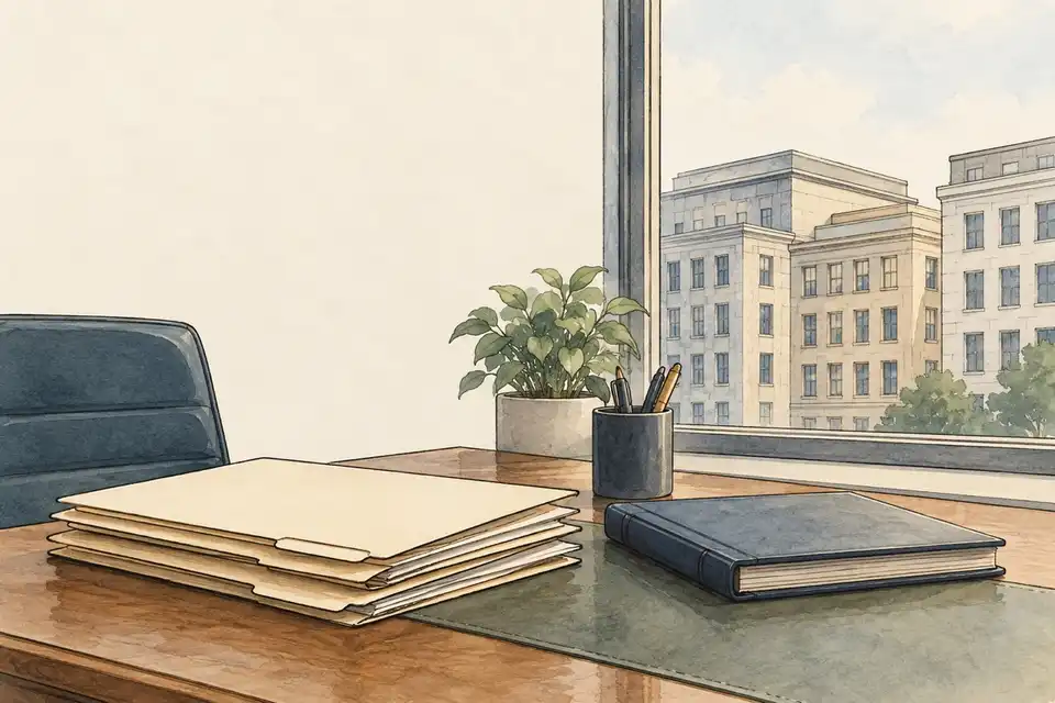 Illustration of blank insurance folders and a closed ledger on a desk beside a window overlooking plain stone buildings.