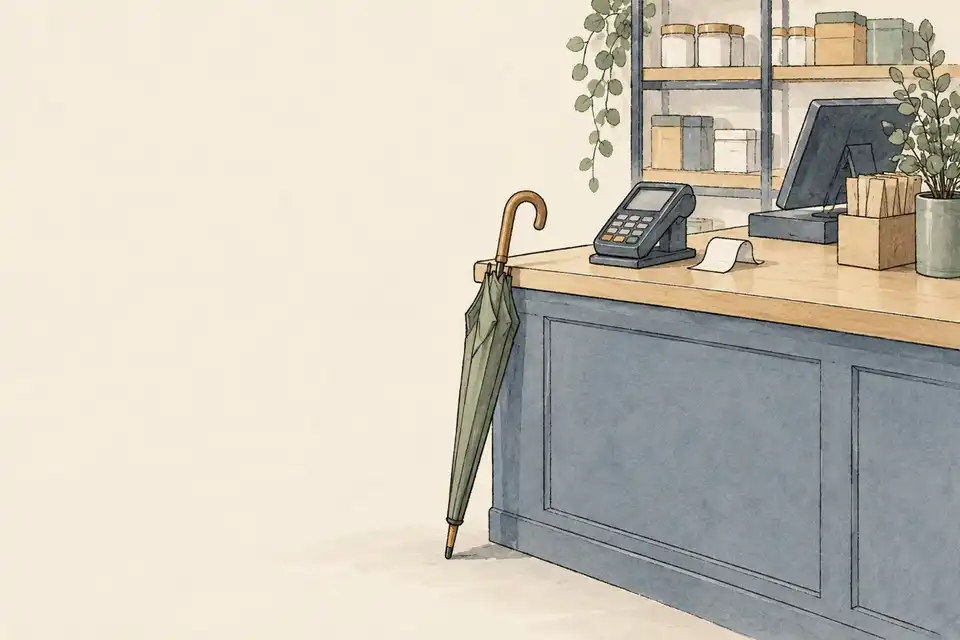 Illustration of a shop checkout counter with a card reader, a receipt and a small umbrella.