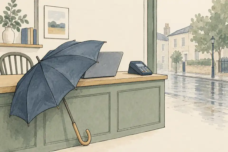 Illustration of a small shop counter with a laptop and card reader, partly covered by an open umbrella leaning beside it.