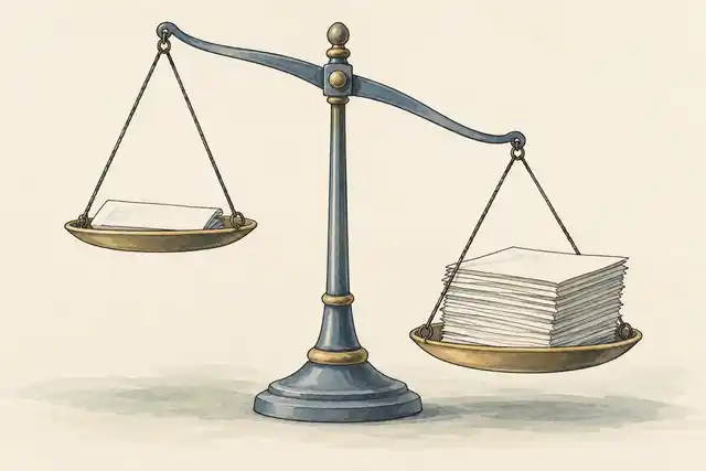 Illustration of an uneven balance scale holding a single document and a larger stack of documents.