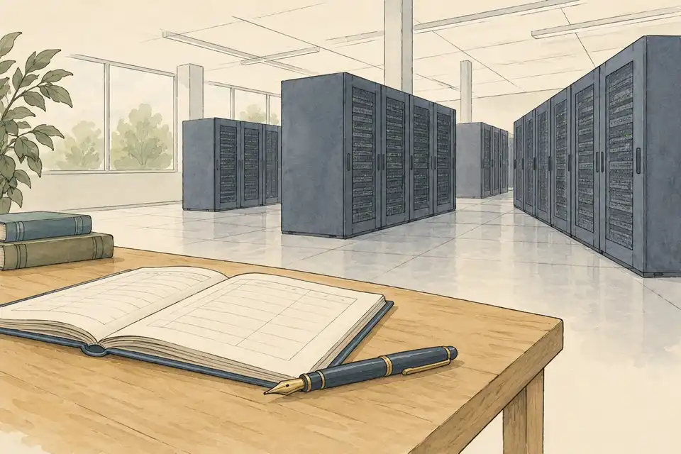 Illustration of an open ledger and pen on a table in front of rows of server cabinets.