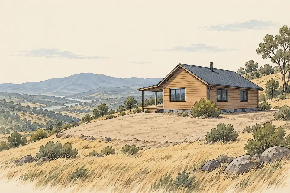 Illustration of a single house with cleared ground around it on a dry, windy hillside.