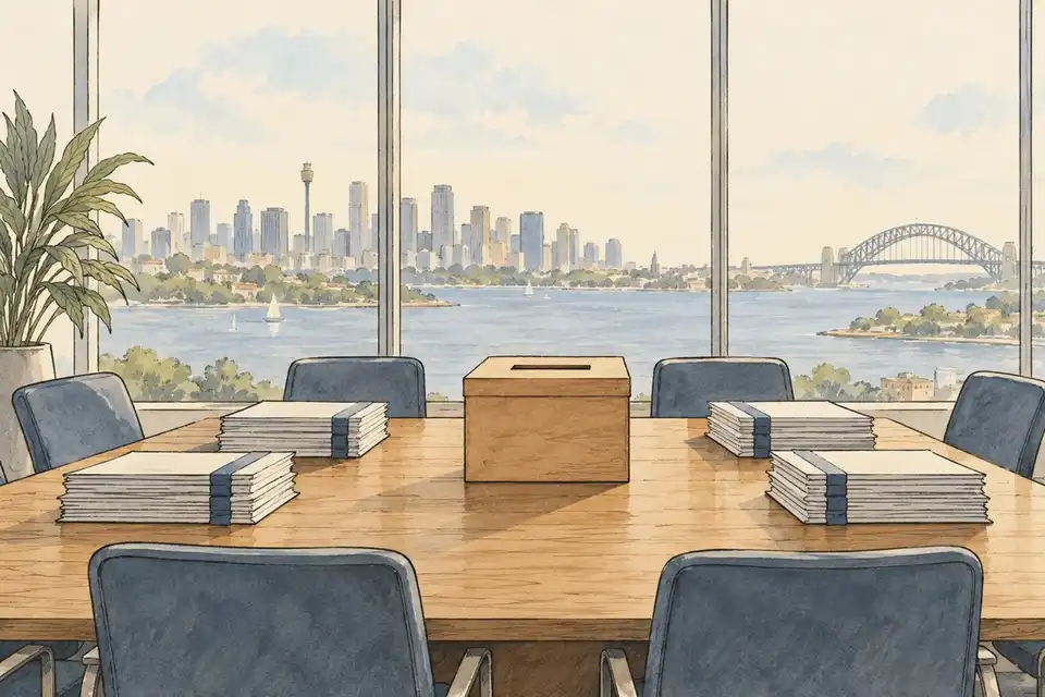 Illustration of a meeting table with stacked papers and a ballot box in front of windows that show a harbour city.