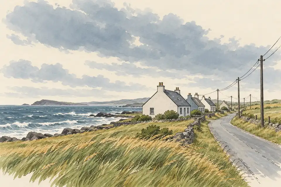 Illustration of coastal houses and power poles under a windy sky, with grass bending and a choppy sea beyond.