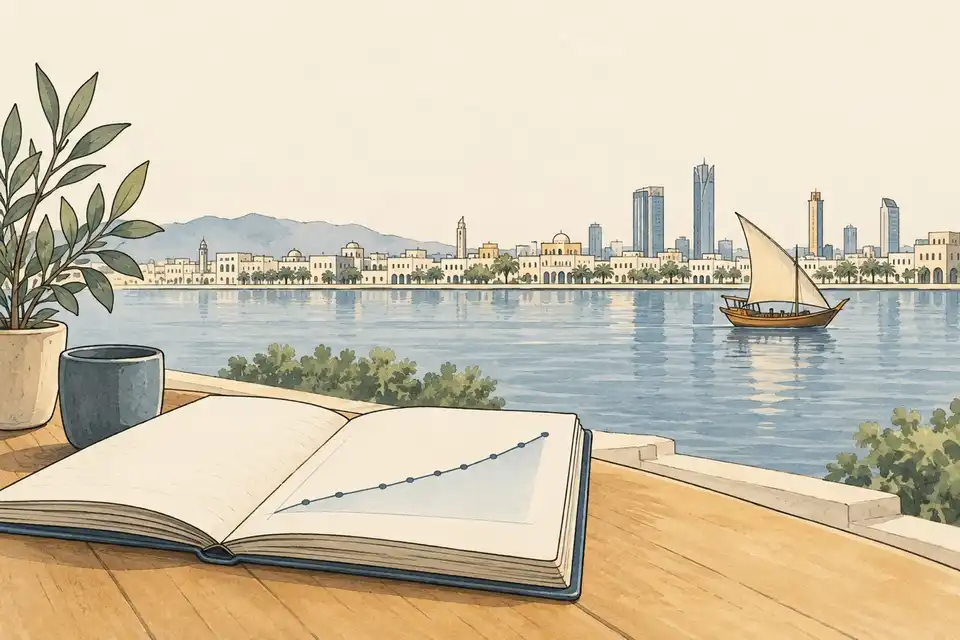 Illustration of a Gulf waterfront skyline with a ledger showing a rising line chart in the foreground.