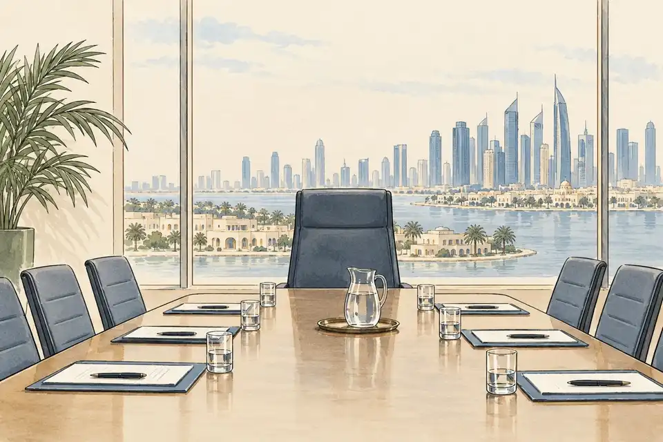 Illustration of an empty chair at the head of a boardroom table with a Gulf city skyline beyond the window.