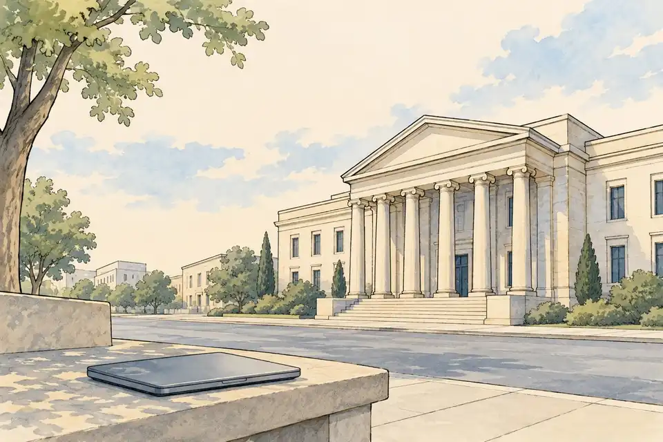 Illustration of a generic courthouse with a closed laptop on a stone bench in front of it.