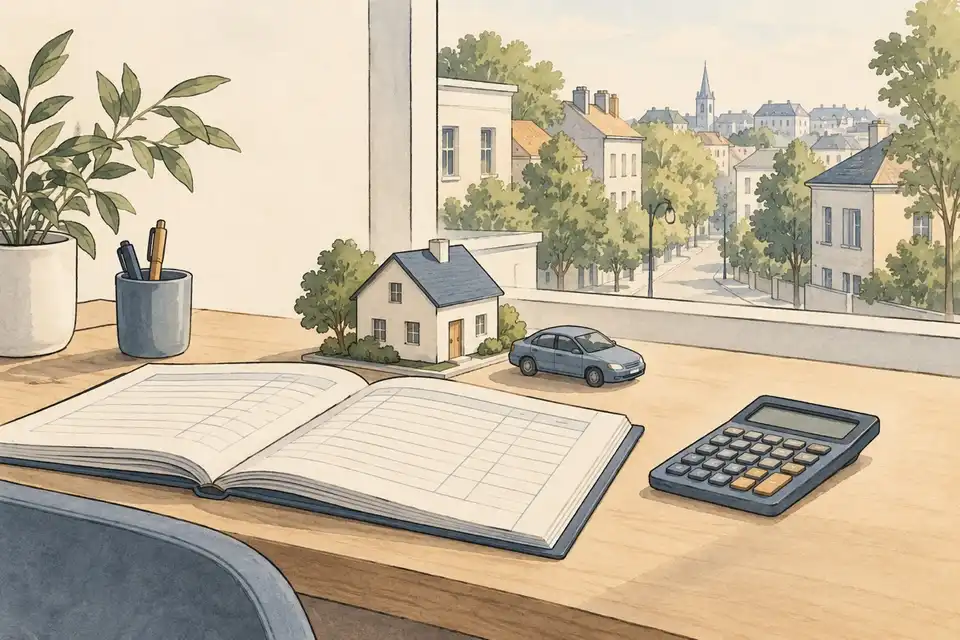 Illustration of a ledger, a calculator and model house and car on a desk by a window.