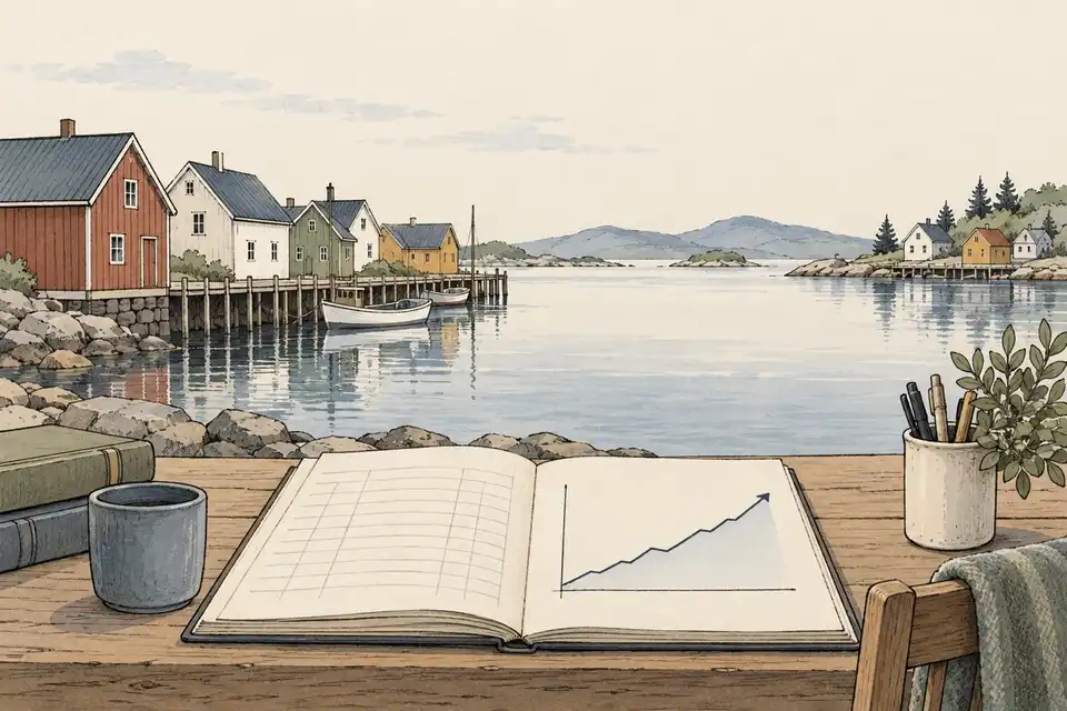 Illustration of an open ledger with a rising line chart in front of a calm Nordic harbour town.