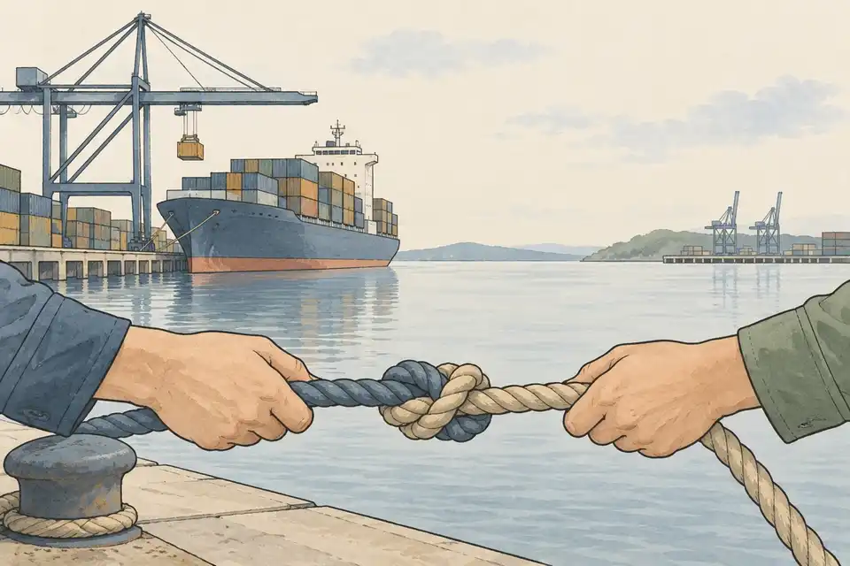Illustration of two hands knotting two ropes together in front of a quiet container port with a ship and crane.