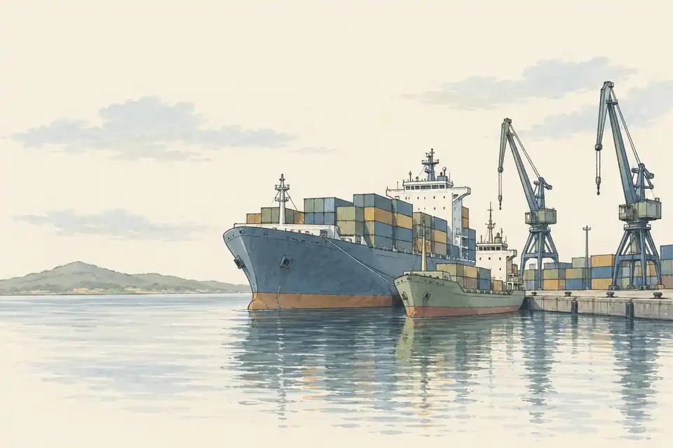 Illustration of two cargo ships moored side by side at a quiet container harbour with cranes in the background.