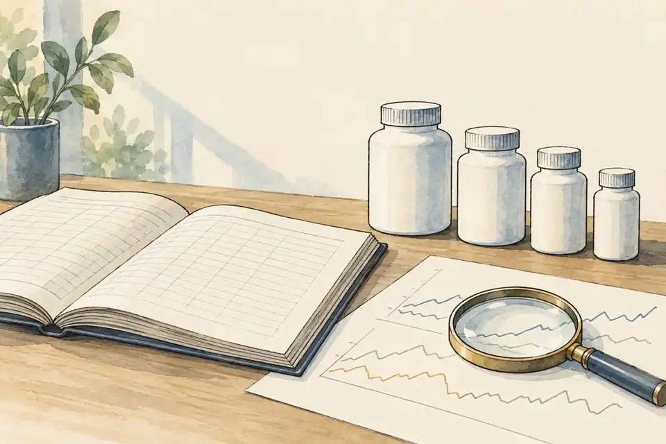 Illustration of a ledger, pill bottles and a magnifying glass on a desk.