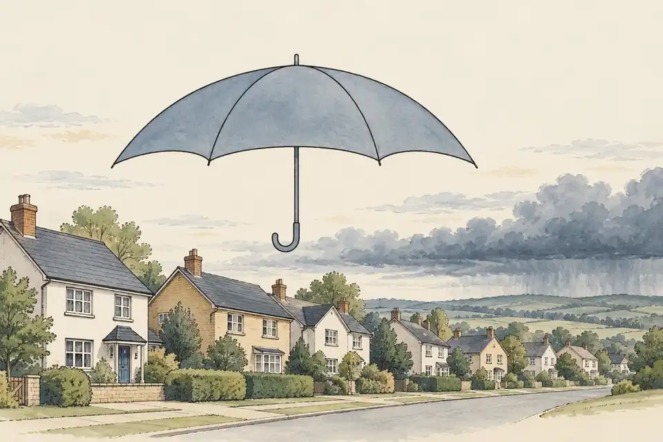 Illustration of a row of suburban houses under a large umbrella shape with a distant storm band on the horizon.