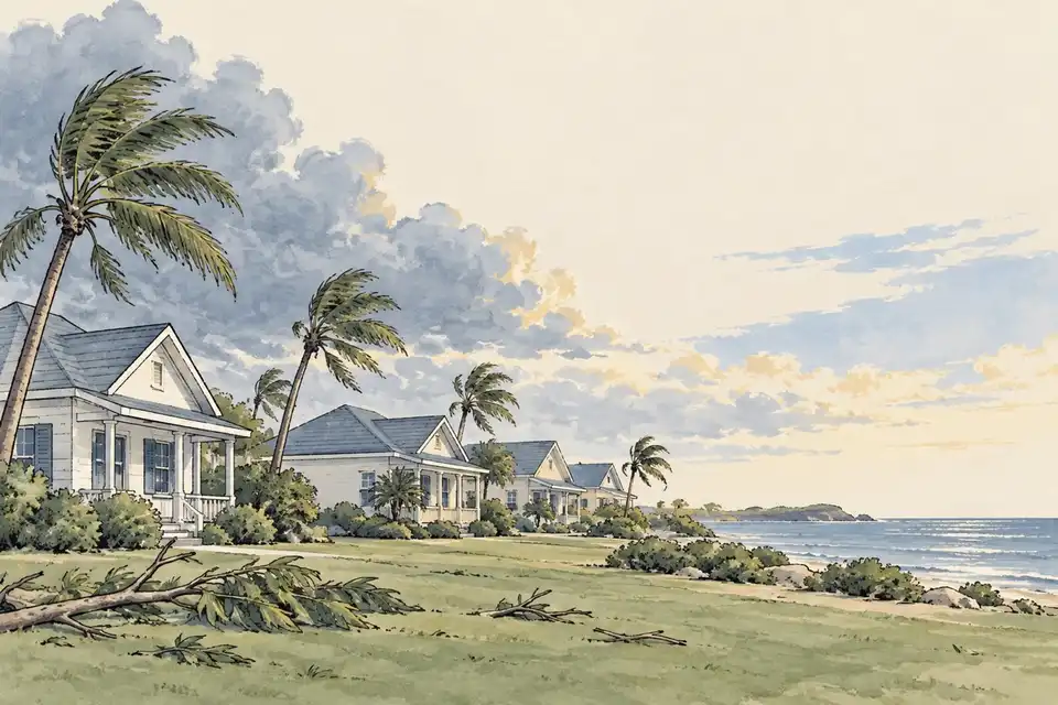Illustration of coastal houses under a clearing sky with fallen branches on a lawn and a calm sea beyond.