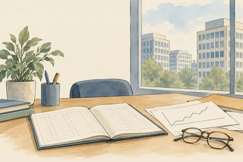 Illustration of an open ledger, a hand-drawn line chart and reading glasses on a desk by an office window.