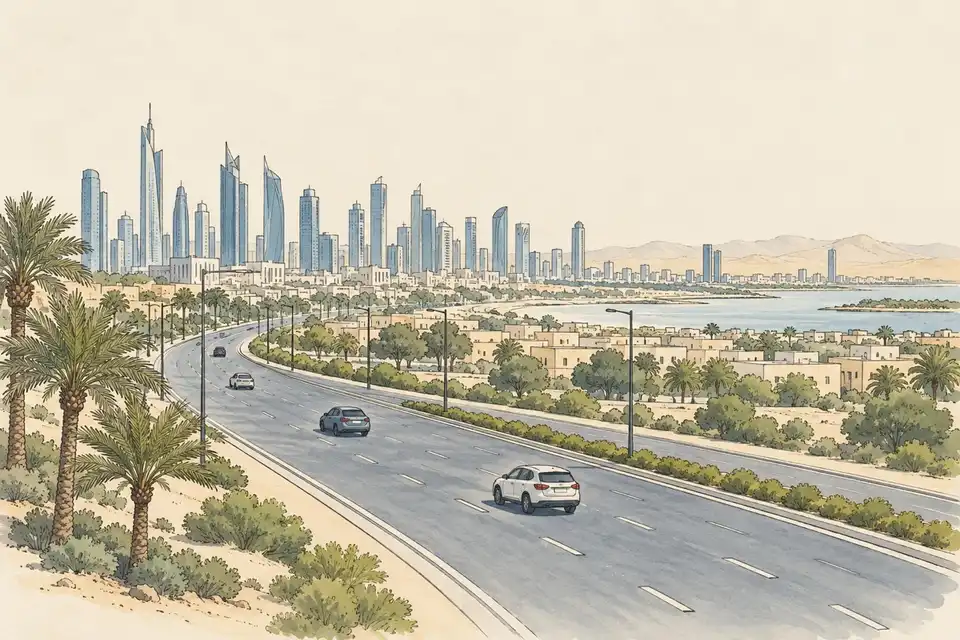 Illustration of a quiet road with a few well-spaced cars on the edge of a Gulf city skyline with desert beyond.