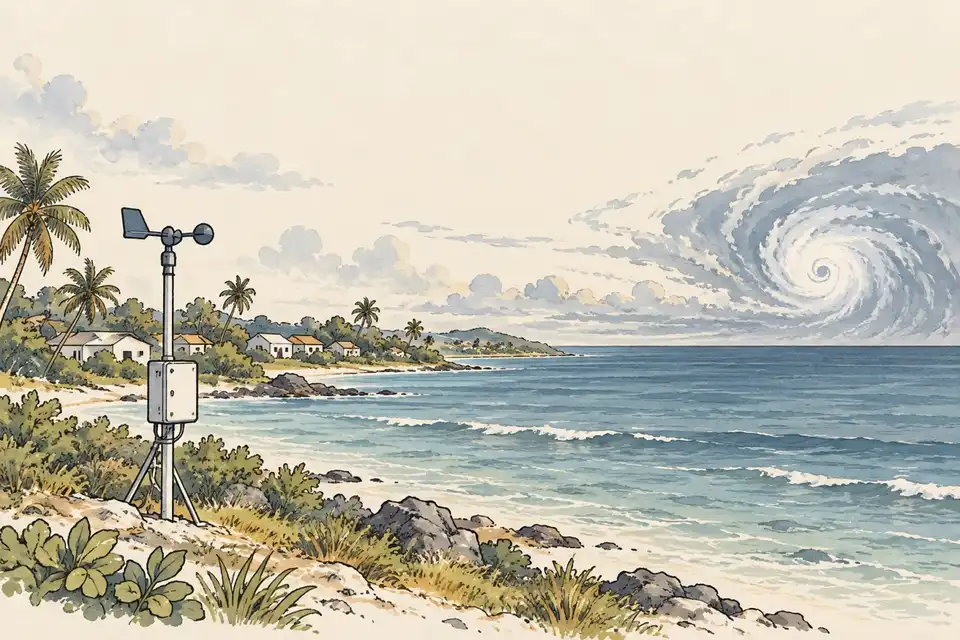 Illustration of a Caribbean coastline with a distant spiral storm cloud and a weather station in the foreground.