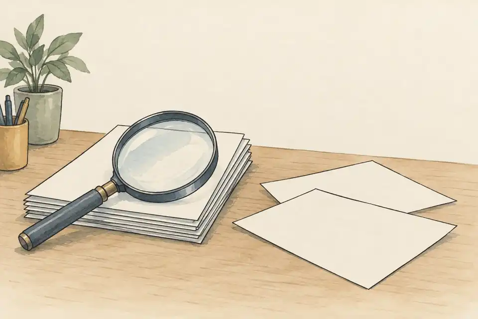 Illustration of a magnifying glass on a stack of blank audit sheets beside loose sheets, a plant and a pencil cup.