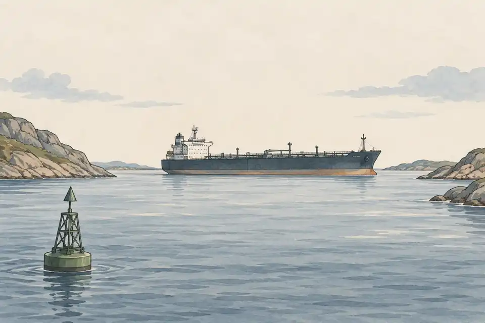 Illustration of an intact oil tanker in a narrow sea passage with rocky shores and a navigation buoy.