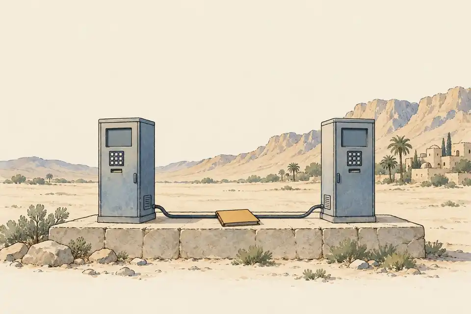 Illustration of two payment-system cabinets connected by a cable beside a blank agreement folder.