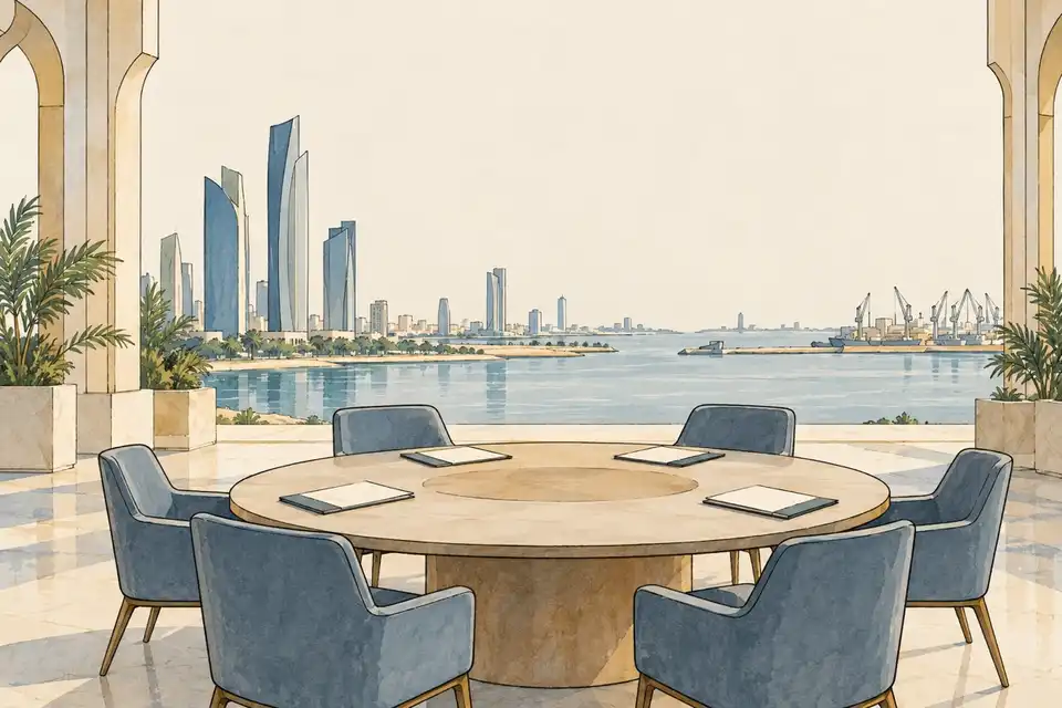 Illustration of an empty circular meeting table with blank folders overlooking a Gulf waterfront and harbour.