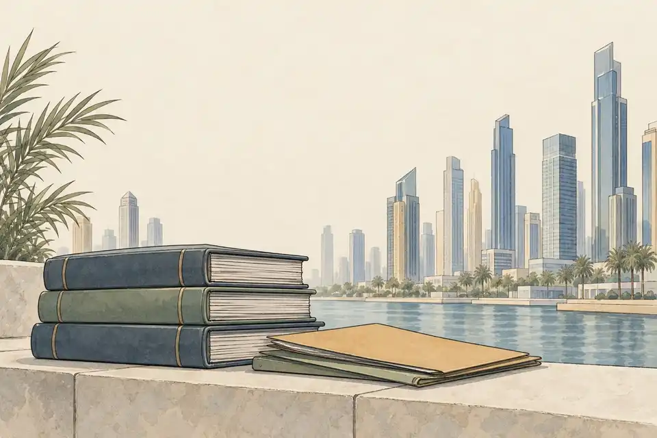 Illustration of plain ledgers and blank folders on a stone ledge beside water and a composite Dubai financial district.