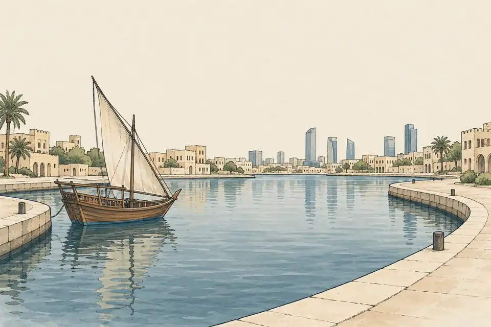 Illustration of a dhow in a Gulf harbour with two quays linked by a waterfront path.