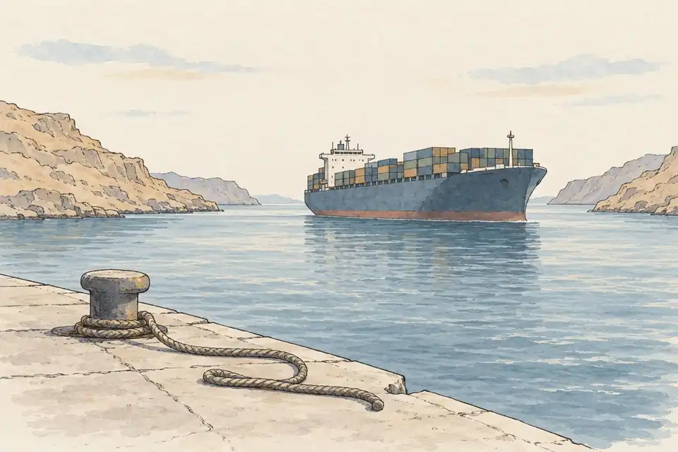 Illustration of a container ship between rocky shores, with a loose mooring rope on an empty quay in the foreground.