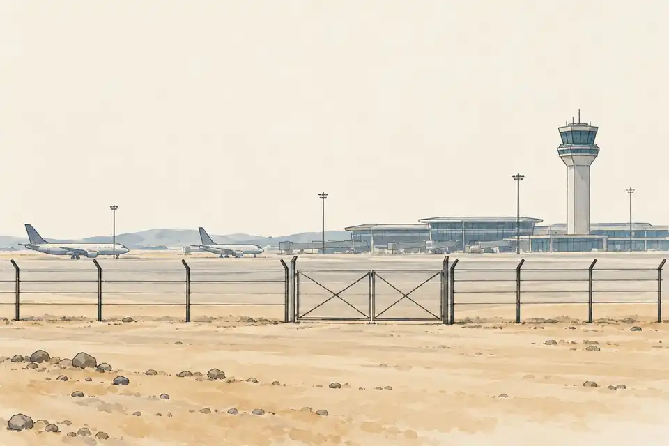 Illustration of a closed airport perimeter gate and sparse fence with aircraft, a terminal and a control tower beyond.