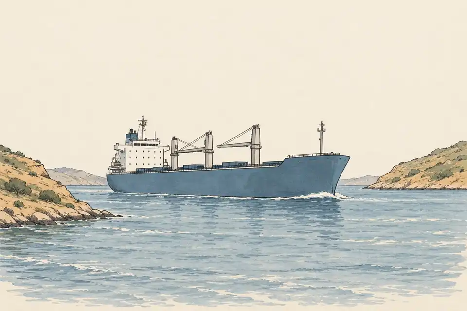 Illustration of a slate blue cargo ship passing through a calm Gulf sea channel between dry headlands.