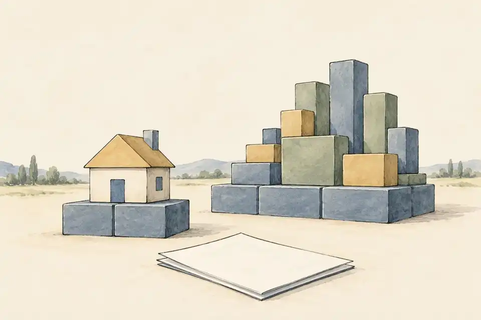 Illustration of a small house on foundation blocks beside a larger block structure and a blank report.