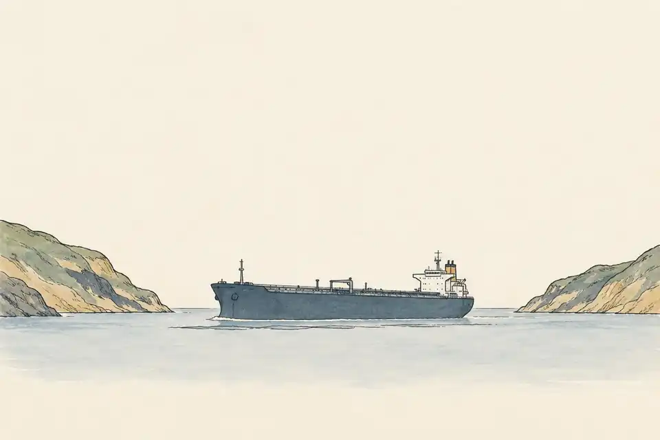 Illustration of a single oil tanker passing between two low coastal headlands on calm water.