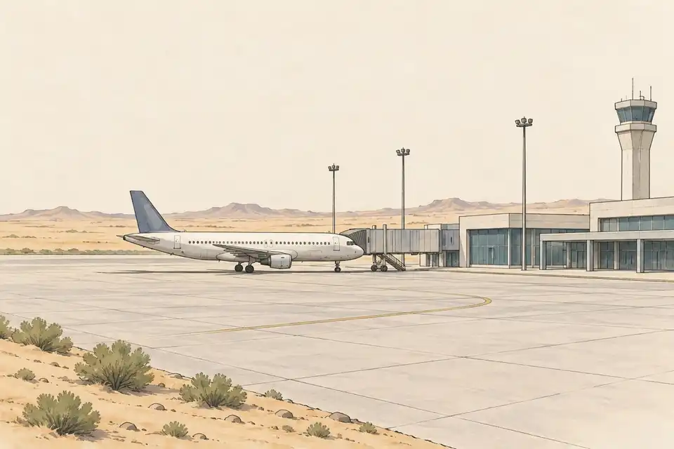 Illustration of an unmarked passenger aircraft parked beside a desert airport terminal and control tower, with an empty apron in the foreground.