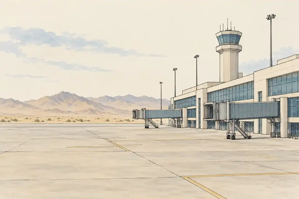 Illustration of an empty airport apron beside a terminal with boarding bridges and a control tower, with desert hills in the distance.
