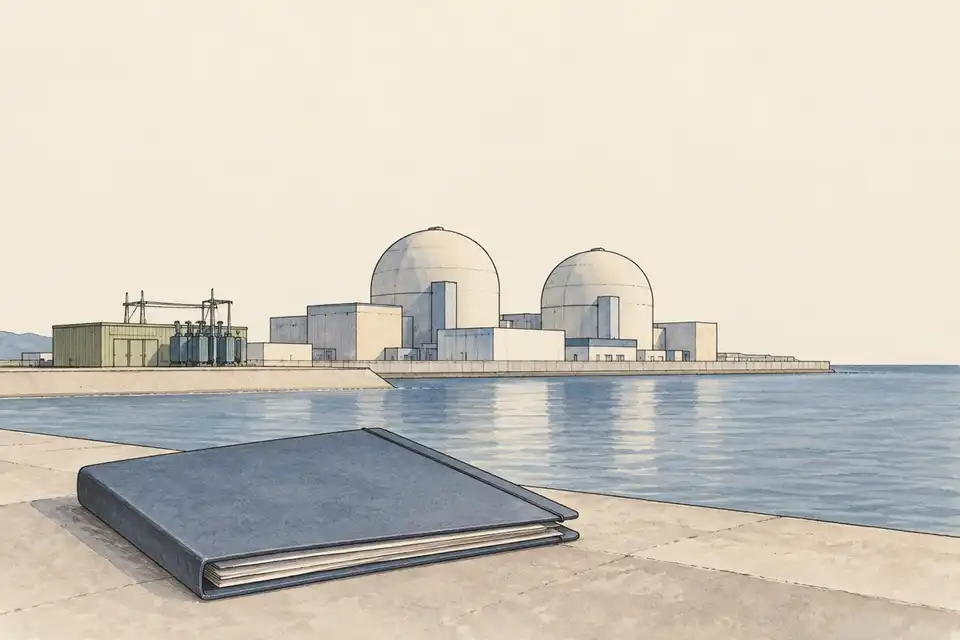 Illustration of a blank inspection folder beside water facing a generic nuclear power plant and a separate electrical equipment enclosure.
