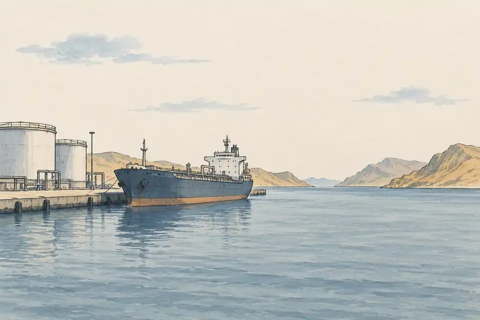 Illustration of an idle cargo ship beside a Gulf export quay with storage tanks and desert hills.