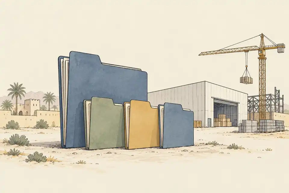 Illustration of blank folders beside a warehouse and construction crane in a desert setting.
