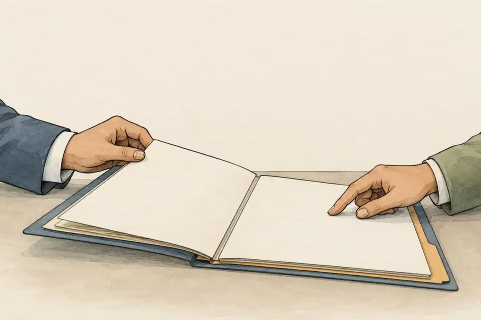 Illustration of two hands inspecting an open file with blank pages on a counter.