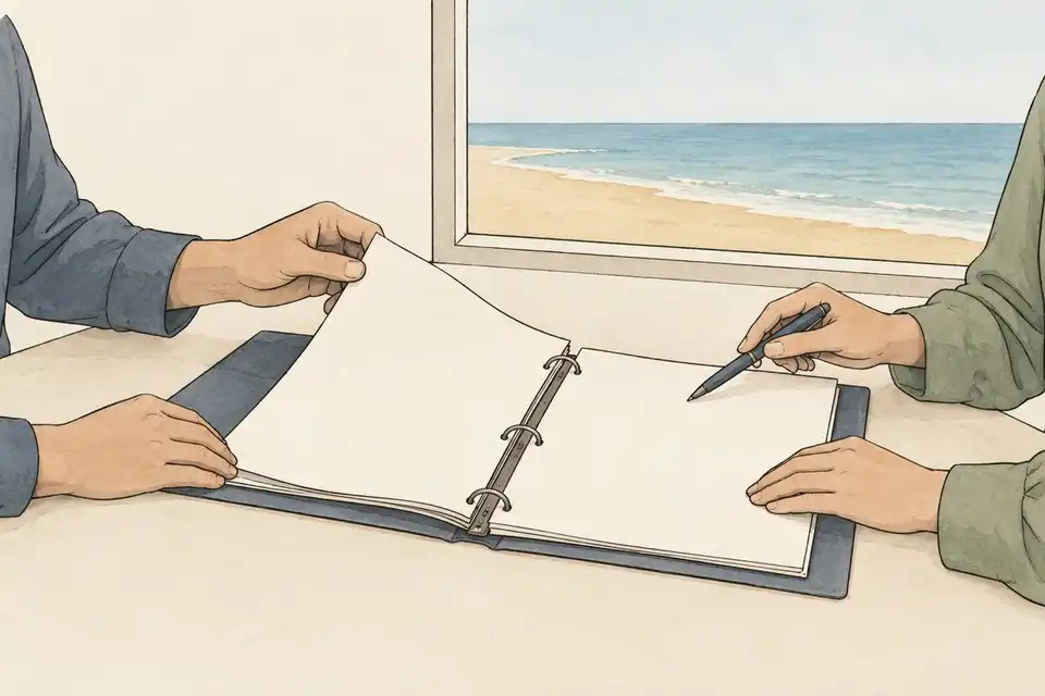 Illustration of two pairs of hands checking a blank open file beside a window overlooking a sandy shoreline.