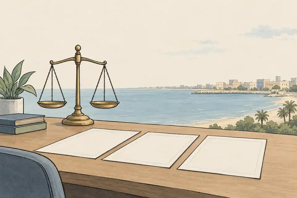 Illustration of three blank documents and a balance scale beside a view of a low-rise coastal district.