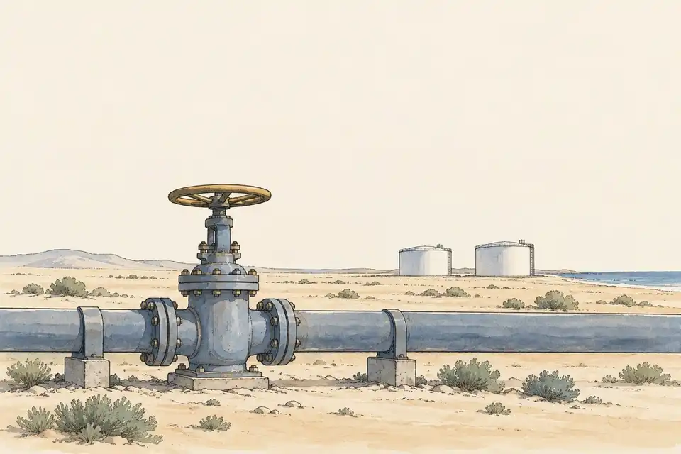 Illustration of a pipeline valve in a sandy landscape with two storage tanks in the distance.