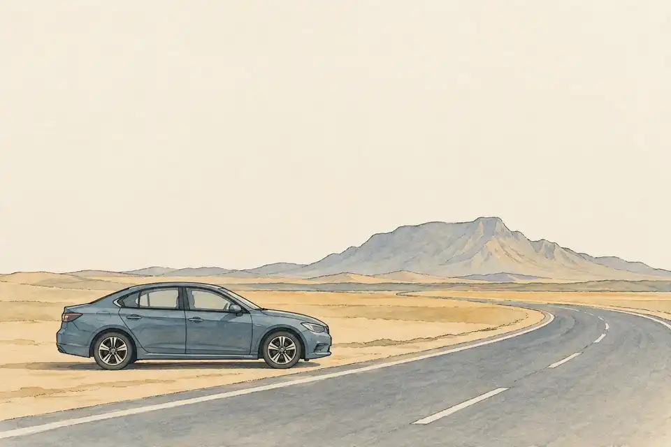 Illustration of a slate-blue car beside a curved road and low desert mountains.