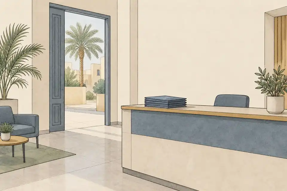 Illustration of blank business folders on an empty insurance branch counter with a date palm visible through an open doorway.