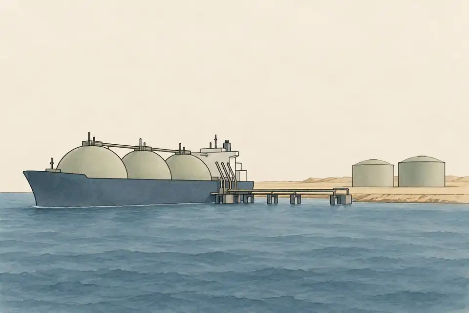 Illustration of an unmarked LNG carrier beside a simple export terminal on a desert coast.
